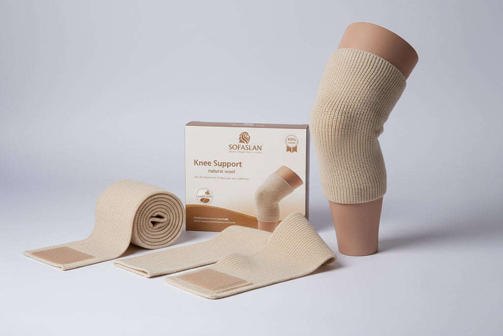 knee support with a man wearing it, showing product images, and promotional text on a brown background.